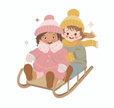 Children are sledding on wooden sleds.Happy boy and girl having fun by winter activity.Classic winter scene with children sledding.Christmas vacation.Design for web,greeting cards,flyers,poster.Vector