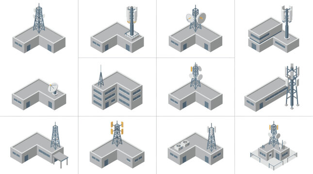Isometric Telecommunication Tower Buildings Collection.