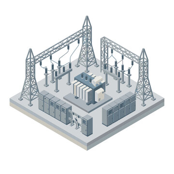Modern electrical substation with power transformers and pylons.