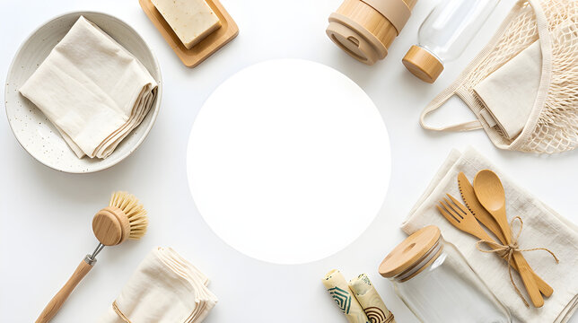 Zero waste kitchen accessories and eco friendly household items on white background