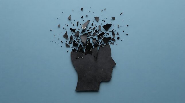 A paper human head silhouette shattering into many small pieces