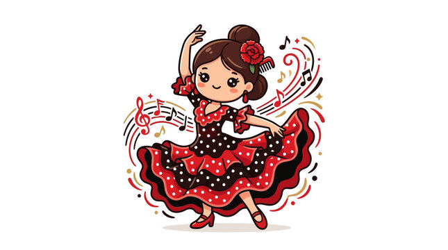 Cute Cartoon Flamenco Dancer Character Isolated on White