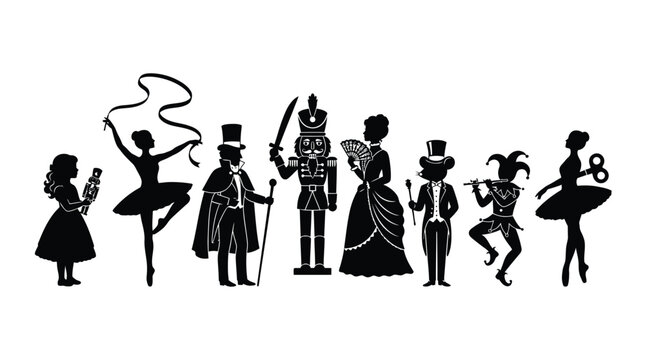 Set of nutcracker ballet characters silhouettes including clara, ballerina, drosselmeyer, nutcracker soldier, mouse king, jester and windup doll