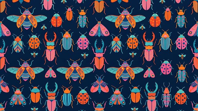 Seamless pattern with colorful beetles and insects on a dark blue background for fabric and wallpaper design