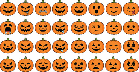 Fototapeta premium Numerous orange jack o lanterns with varying facial expressions are displayed on a white background