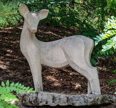 Stone deer sculpture in forest setting, carved animal statue among green foliage