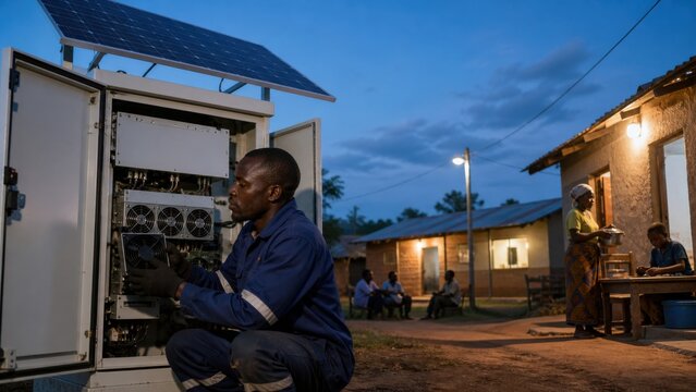 Local technician replaces a modular inverter fan while residents continue using lights at a solar mini-grid service kiosk
