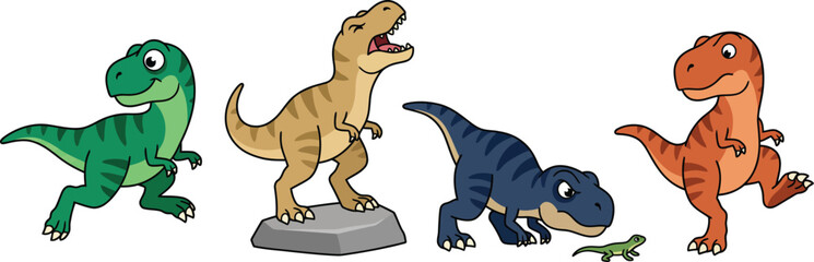 Cute Cartoon Tyrannosaurus Rex Dinosaur Character Set with Roaring and Playing Poses for Kids Apparel, Stickers, and Storybook Illustrations © Polash