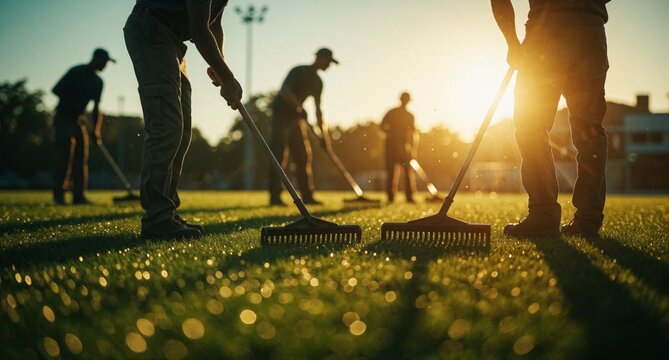 Silhouette of Groundskeepers Raking Grass at Sunset on Sports Field
