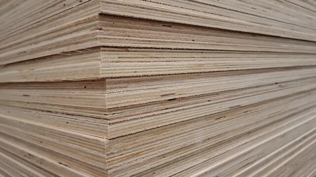 Layered plywood sheets form a neat stack in a close industrial view. Wood material, construction supply, carpentry resource, workshop storage, building industry.