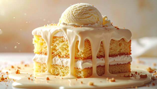 Vanilla sponge cake with melting ice cream macro