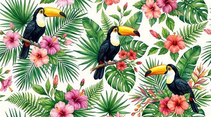 Naklejka premium Seamless pattern with toucan birds and tropical flowers with green palm leaves in a colorful jungle art style