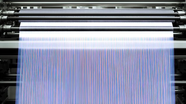 Industrial textile loom with colored warp threads, fabric manufacturing