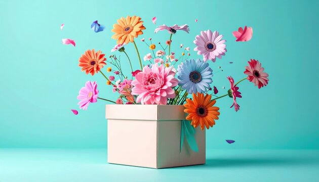 Colorful flowers flying into a gift box against pastel turquoise background