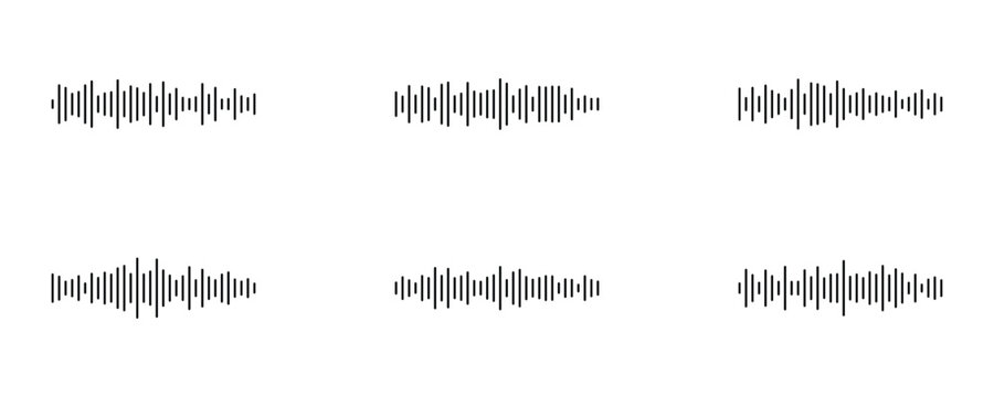 Black and white sound wave vector illustration. Audio waveform icon set in different style. Graphic sound wave icon used for play, pause, record, and volume control buttons on apps.