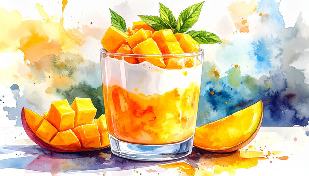 Watercolor illustration of mango yogurt parfait with tropical fruits and mint leaves