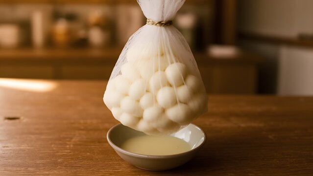 Fresh cheese curds draining in cheesecloth, artisan dairy craft