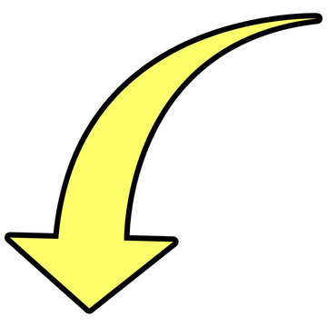 Yellow Curved Arrow Icon, Downward Curve Pointer Symbol Isolated on White Background