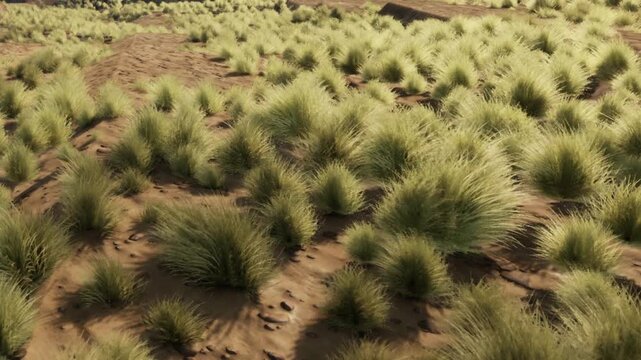 A large area covered in grass, with many clumps growing on dry soil. The sun shines down, highlighting the texture of the grass and ground.