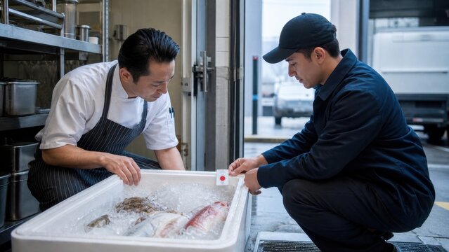 Chef and delivery worker inspect gel ice coverage and a color-only temperature indicator on a sealed seafood tote at the back door