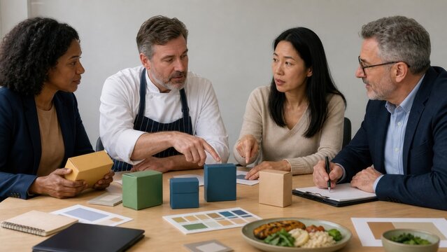 Allergy advocates, chef, regulator and food producer compare solid-color package and menu models around a shared table