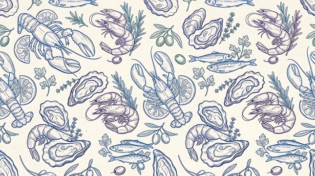 Seamless pattern with hand drawn lobster shrimp oyster and lemon sketch for fresh seafood menu and restaurant design