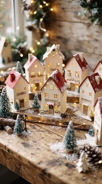 Handmade christmas village from folded cream paper houses with red roofs and cutout windows, diy decoration on wooden surface