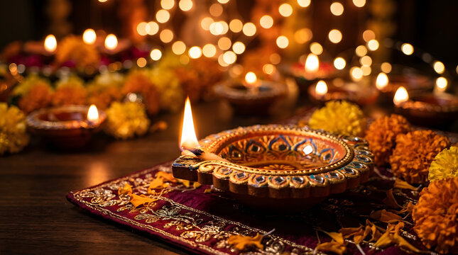 Beautiful diya oil lamp glowing during the traditional indian diwali festival celebration with festive lights and decorative flowers background scene