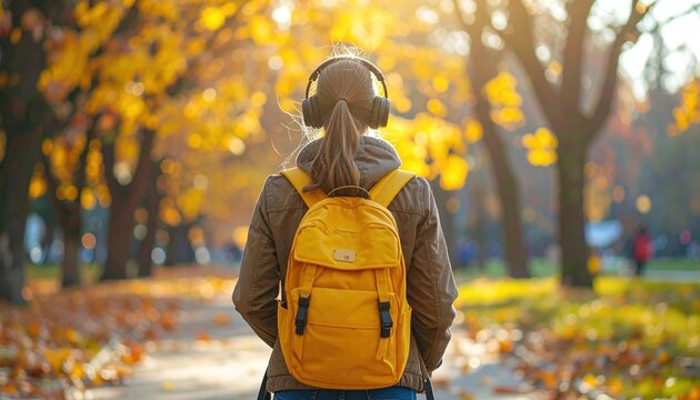 Student wearing headphones and yellow backpack in park, back view