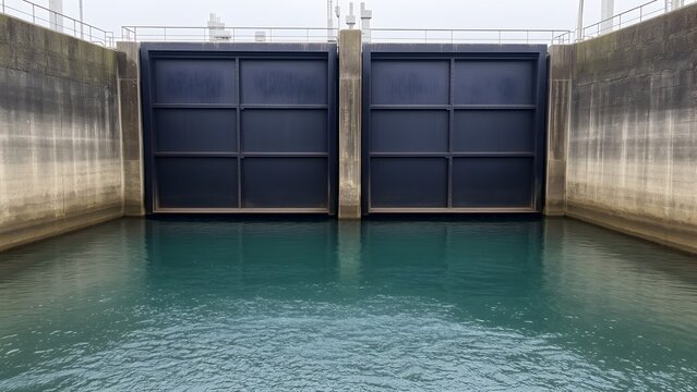 Canal lock gates with water level difference, waterway navigation
