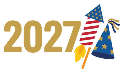 Fototapeta premium Golden 2027 year number with patriotic firework rocket and party hat isolated on white background