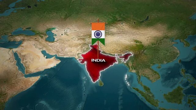 Topographical world map zooming into a red-highlighted India with a dropping national flag banner