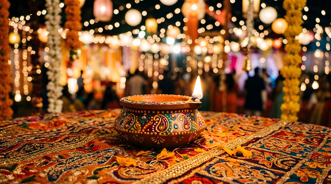 A beautiful glowing diya lamp placed on a decorative cloth during the traditional indian festival of diwali celebration with lights