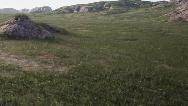 A wide view of a grassy field features small hills scattered across the landscape. The scene shows distant mountains under clear skies. The setting looks bright with sunlight.