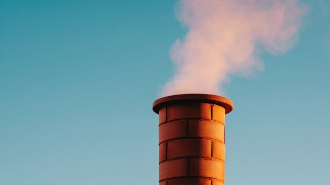 A brick chimney releases smoke into a clear blue sky during daylight, highlighting industrial or residential emissions.