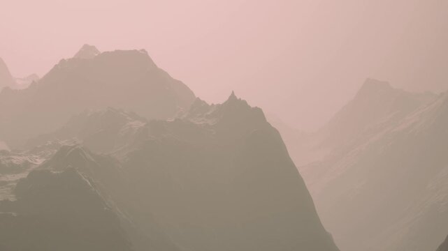 Mountains rise in the background as soft light fills the sky at dawn. A gentle mist covers the peaks, creating a quiet morning scene. The colors blend softly in the early light.
