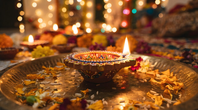 Beautiful glowing diya oil lamp on a metal plate for the traditional indian festival of diwali celebration with festive lights