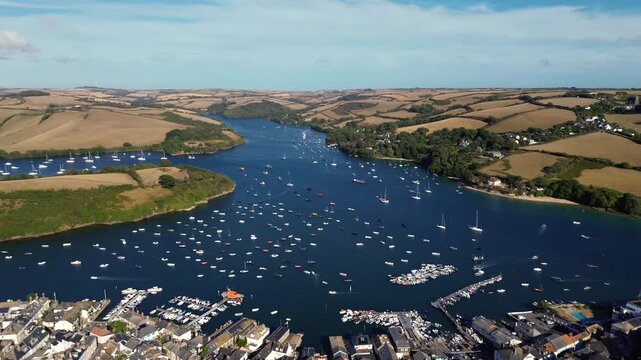 Aerial view of Salcombe, a coastal town in South Devon, England, in summer