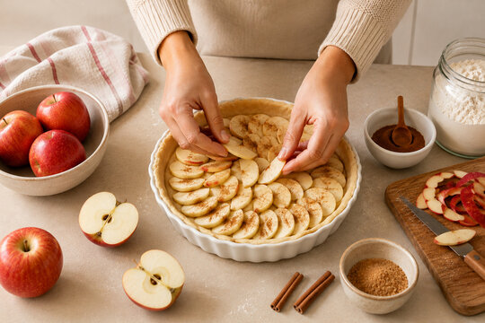 Hands preparing homemade apple pie with fresh apples and cinnamon