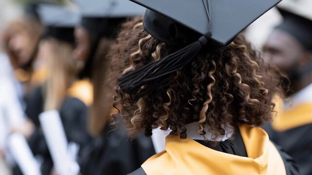 Graduation smiles shine bright. Curly hair frames joyful faces. Yellow robes contrast black gowns. Friends cheer behind the graduate. Students celebrate academic success