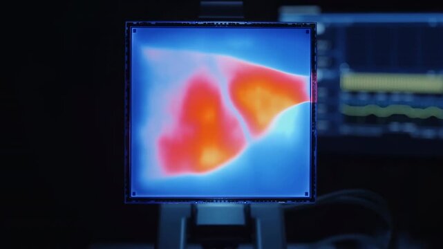 Thermal imaging display shows warm red and orange forms moving across a cool blue field, while electronic equipment and indicator lights remain softly blurred in dark background