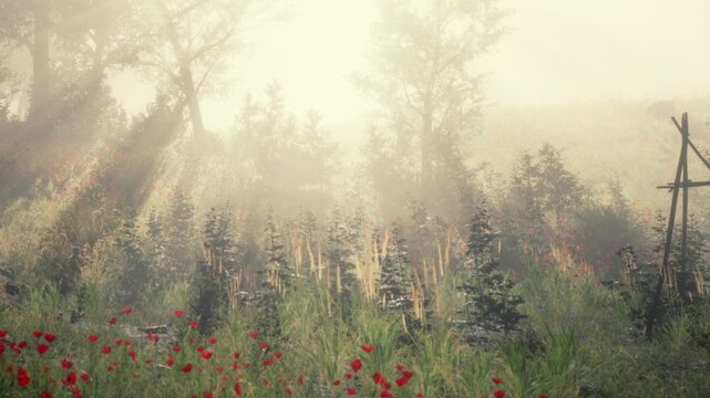 In a field during early morning, the suns rays break through the mist. Green plants and red flowers fill the landscape. Trees are visible in the background, creating a natural scene.