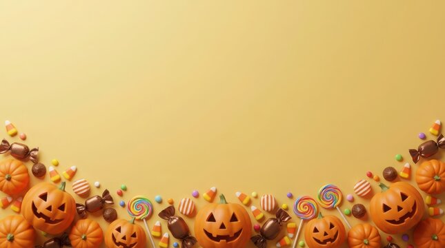 Halloween candy pumpkins with lollipops on soft yellow background illustration