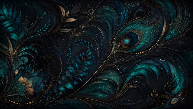 Abstract peacock feather pattern with golden glitter and teal blue floral elements on a dark background
