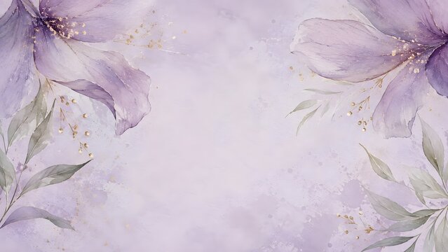 Elegant watercolor floral background with soft purple petals and delicate golden accents for wedding invitations or greeting cards