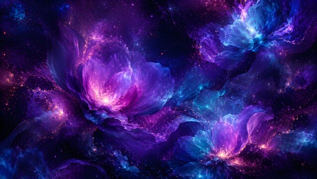 Cosmic flowers nebula background, vibrant purple and blue space art illustration of stellar gas clouds and star clusters