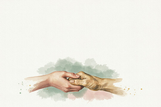 A young hand holding the wrinkled hand of an elderly person, watercolor painting style, white