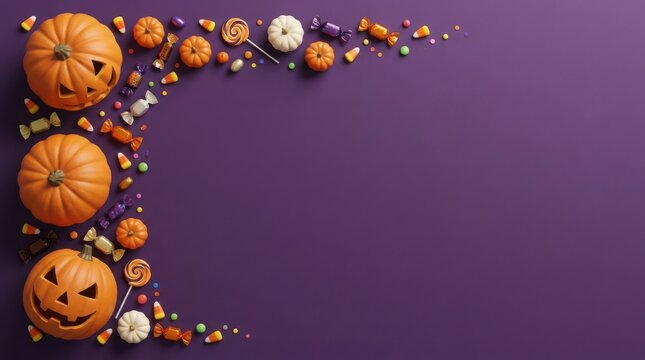 Halloween-themed jack-o'-lantern and candy illustration with floating elements illustration