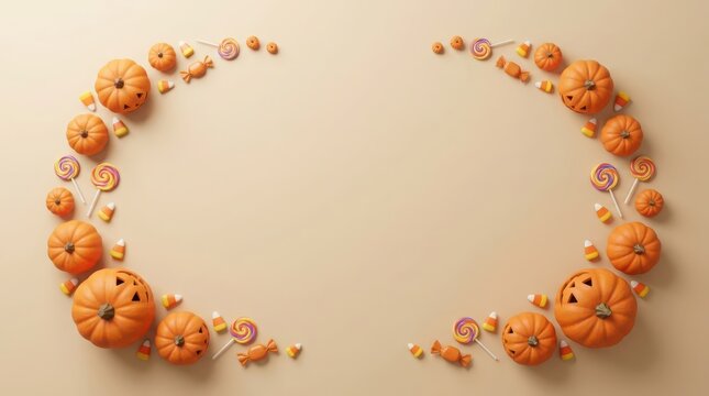 Decorative pumpkins and candy swirls arranged in autumn shapes on neutral background illustration