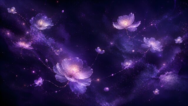 Ethereal purple flowers floating in a cosmic nebula, glowing blossoms drifting through a starry galaxy, magical celestial floral background